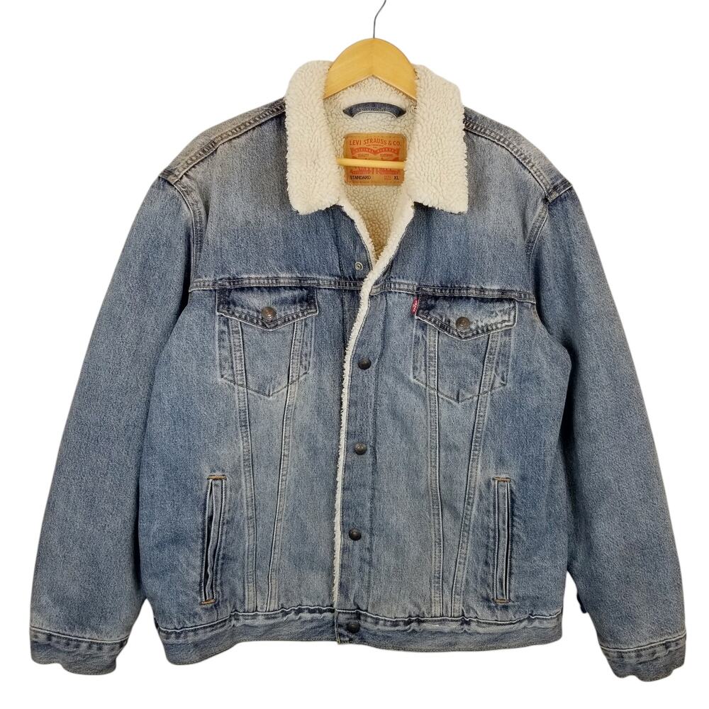 Levi's Men's Sherpa Lined Denim Jean Trucker Jacket Snap Closure Blue Size XL
